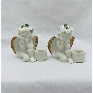 Vtg Cherub Angels 2 Candlestick Holders Ceramic Ivory Bisque 3" w/ Floral Crown
